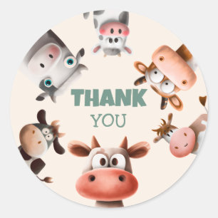 Sticker Rond Joli Cartoon Vache Anniversaire Merci