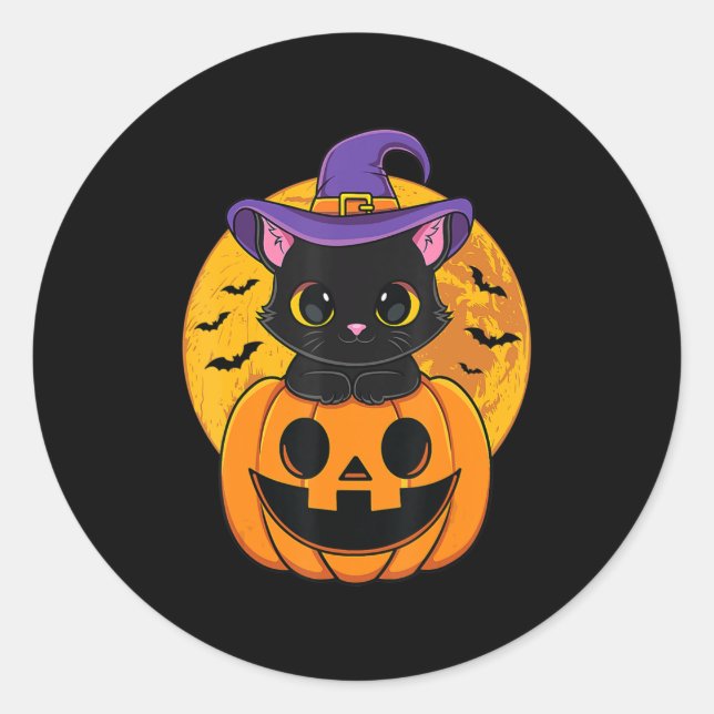 Sticker Rond Joli Casquette Halloween Chat Noir Sorcière Citrou (Devant)