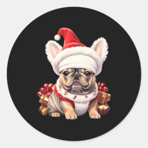 Sticker Rond Joli chapeau de Noël de Santa Bulldog français T S