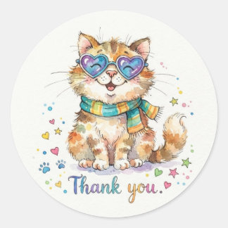 Sticker Rond Joli chat à l'aquarelle portant des lunettes de so
