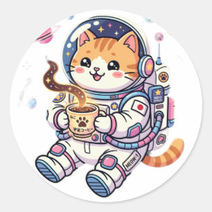 Sticker Rond Joli Chat Astronaute Buvant du Café Rond Classique