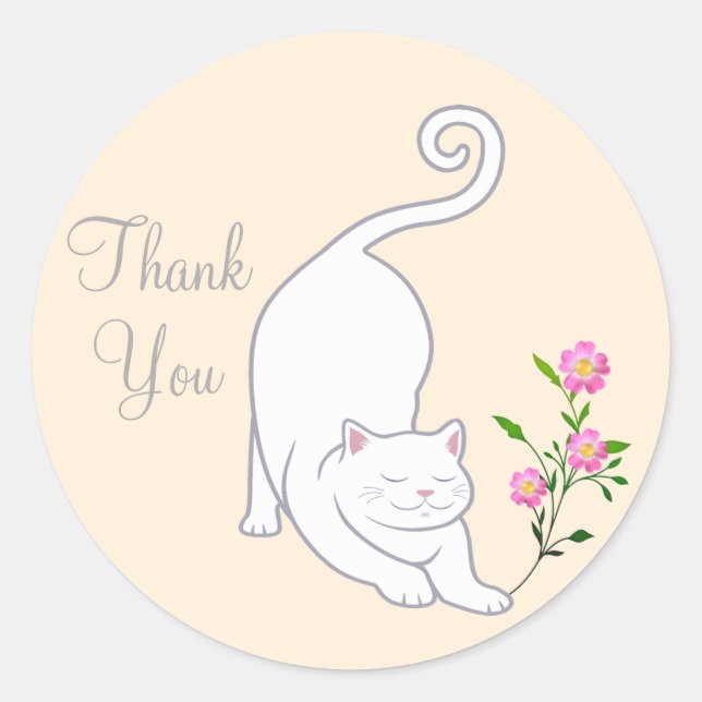 Sticker Rond Joli chat blanc avec des fleurs Merci (Devant)
