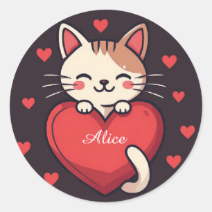 Sticker Rond Joli chat blanc avec un cœur design kawaii kitty l