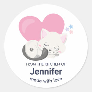 Sticker Rond Joli Chat Blanc Endormi Cuisine