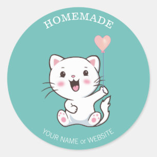 Sticker Rond Joli Chat Blanc Heureux avec Ballon en Forme de Co