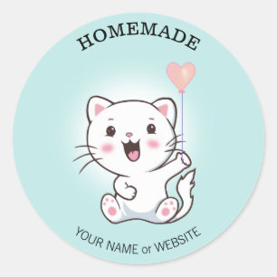 Sticker Rond Joli Chat Blanc Heureux avec Ballon en Forme de Co
