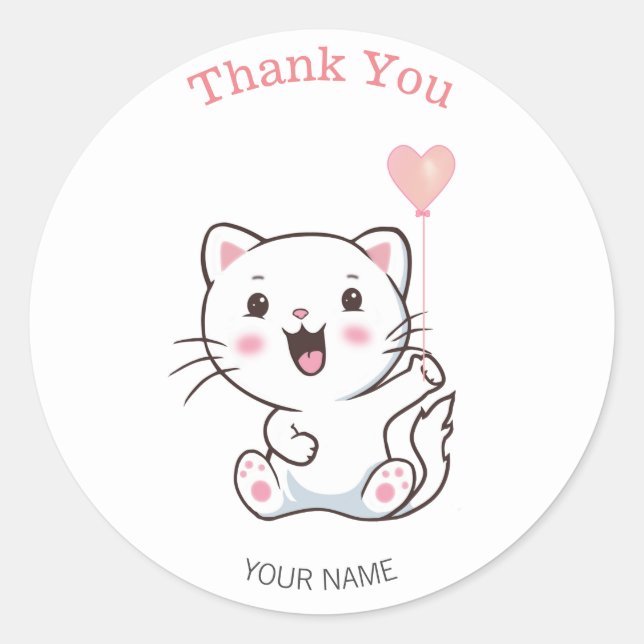 Sticker Rond Joli Chat Blanc Heureux avec Ballon en Forme de Co (Devant)