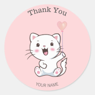 Sticker Rond Joli Chat Blanc Heureux avec Ballon en Forme de Co