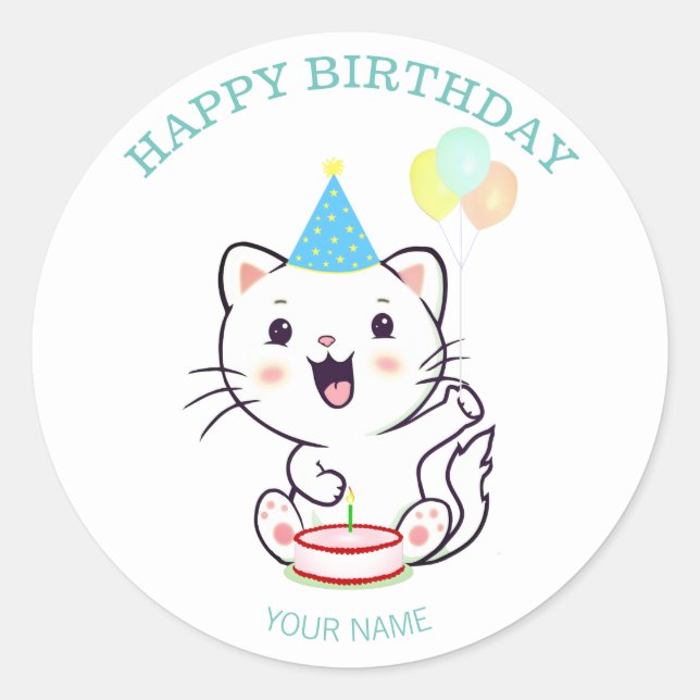 Sticker Rond Joli Chat Blanc Heureux avec Ballons Anniversaire  (Devant)