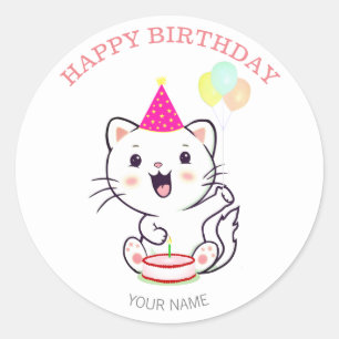 Sticker Rond Joli Chat Blanc Heureux avec Ballons Anniversaire