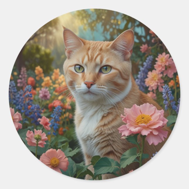 Sticker Rond Joli chat blanc orange dans un jardin fleuri (Devant)