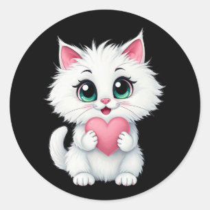 Sticker Rond Joli Chat Blanc Tenant Un Coeur 1