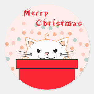 Sticker Rond Joli Chat Caché Derrière Boîte de Cadeau de Noël  