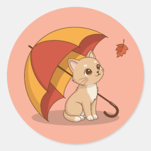Sticker Rond Joli Chat Chaton Rouge Jaune Parapluie Tomber Rose