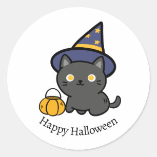 Sticker Rond Joli chat Chibi Joyeux Halloween