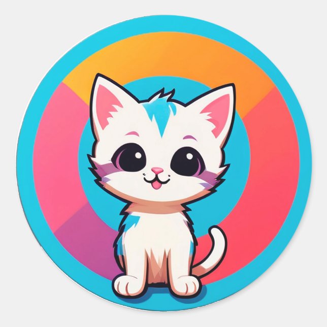 Sticker Rond Joli Chat de Dessin Animé (Devant)