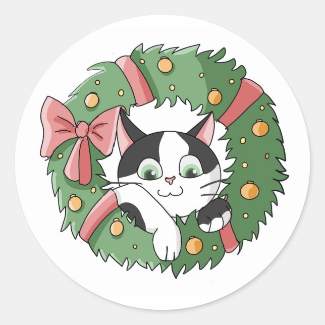 Sticker Rond Joli Chat de Noël Dessiné Suspendu (Devant)