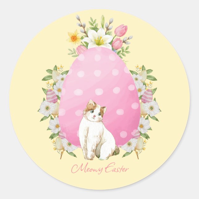 Sticker Rond Joli Chat de Pâques Floral Jaune (Devant)