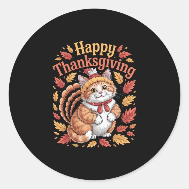 Sticker Rond Joli chat de Thanksgiving Dinde drôle d'animal d'a (Devant)