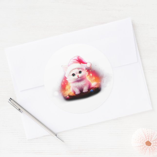 Sticker Rond Joli chat du Père Noël (Enveloppe)