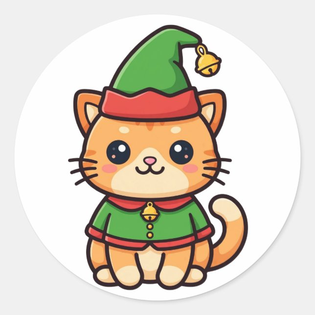 Sticker Rond Joli Chat Elfe de Noël (Devant)