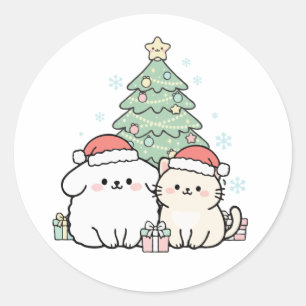 Sticker Rond Joli Chat et Chien de Noël Kawaii Fête de Fêtes