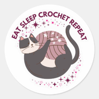 Sticker Rond Joli Chat Manger Dormir Crochet Répéter
