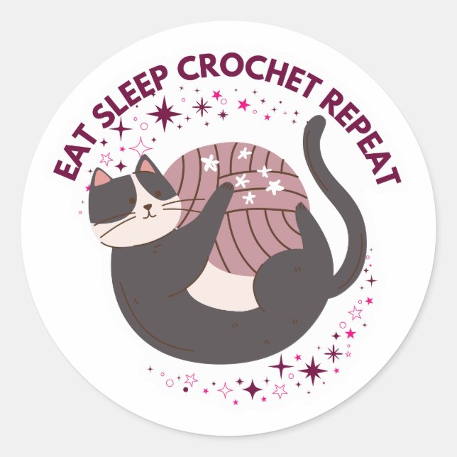 Sticker Rond Joli Chat Manger Dormir Crochet Répéter (Devant)