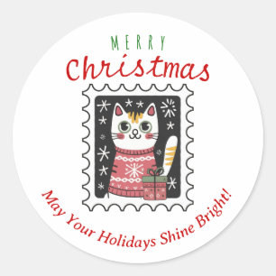 Sticker Rond Joli Chat Mignon Drôle Xmas Chat Joyeux Noël 