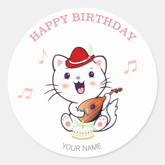 Sticker Rond Joli chat musical avec anniversaire de mandoline (Devant)