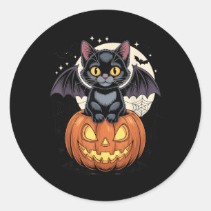 Sticker Rond Joli Chat Noir Avec Des Ailes De Chauve-Souris Jac