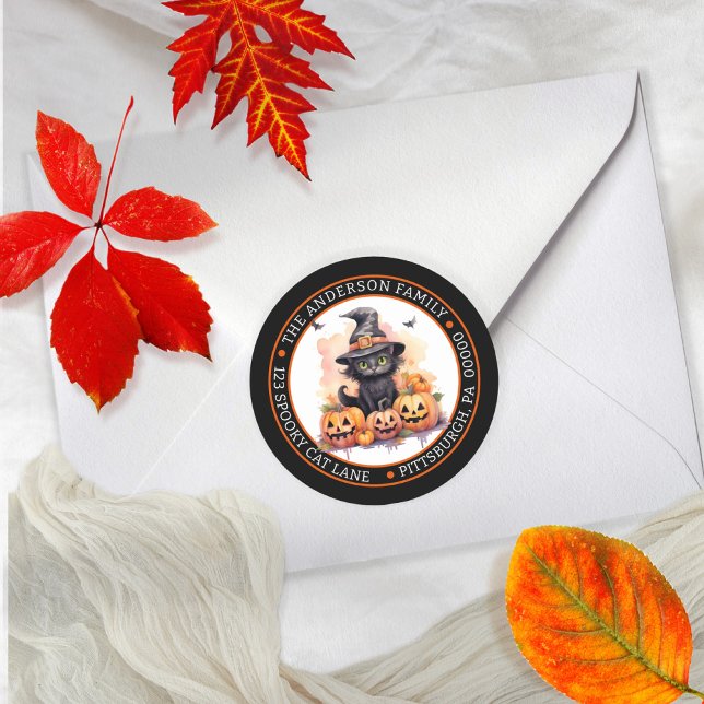 Sticker Rond Joli Chat Noir | Cercle de Chapeau de Sorcière Adr (Witchy is the word with a cute cat in a witch hat orange floral design return address envelope seal.)
