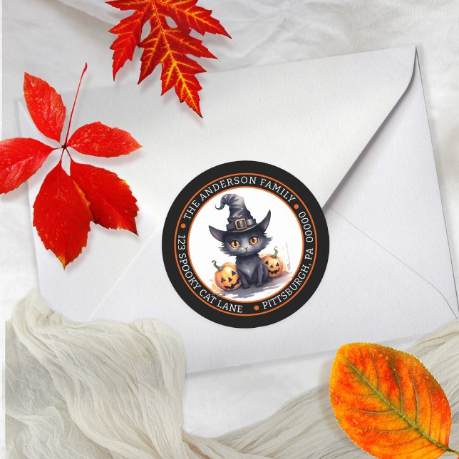Sticker Rond Joli Chat Noir | Chapeau de Sorcière Cercle Adress (Cute Black Cat in a Witches Hat Circle Return Address Envelope Seal Classic Round Sticker)