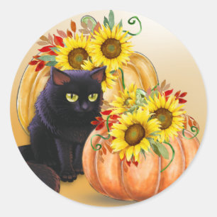 Sticker Rond Joli chat noir & Halloween Citrouille
