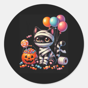 Sticker Rond Joli chat noir Halloween Citrouille Friandise ou F