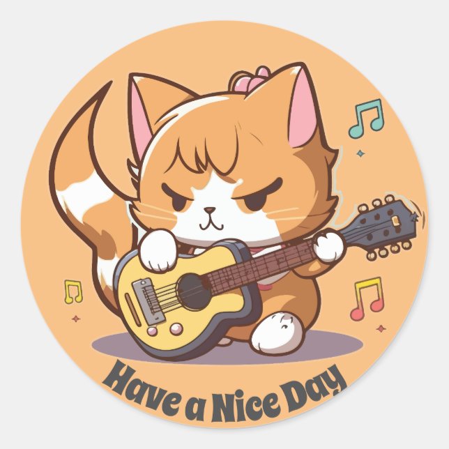Sticker Rond Joli chat orange jouant de la guitare (Devant)