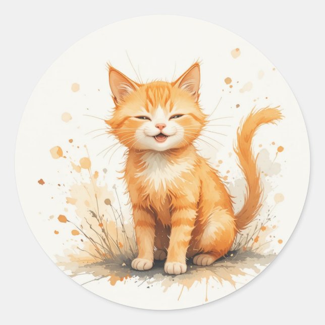 Sticker Rond Joli Chat Orange Sourire Animal De Compagnie (Devant)