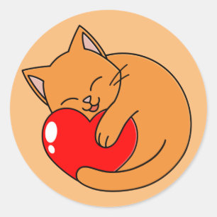 Sticker Rond Joli Chat Orange Tenant Le Coeur Rouge
