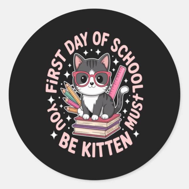 Sticker Rond Joli Chat Premier Jour D'école (Devant)