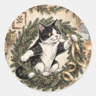 Sticker Rond Joli chat smoking peeking par-dessus la couronne d