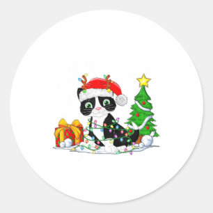 Sticker Rond Joli chat smoking Santa Noël arbre lumineux Xmas T