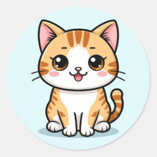 Sticker Rond Joli Chat Tigré Orange de Dessin Animé
