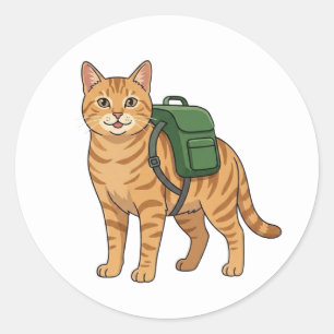 Sticker Rond Joli chat tigré roux avec sac à dos