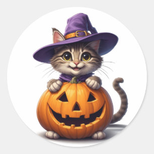 Sticker Rond Joli Chaton Avec Chapeau De Sorcière Et Citrouille