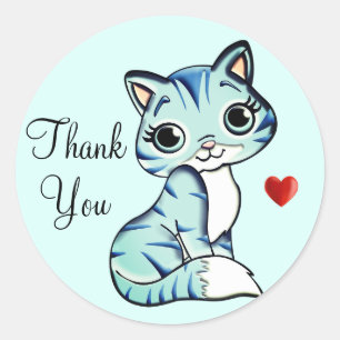 Sticker Rond Joli chaton avec cœur Merci sur fond bleu clair