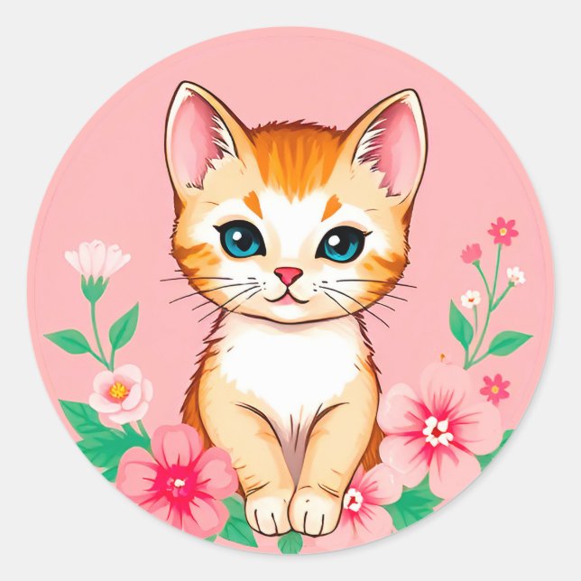 Sticker Rond Joli Chaton avec des Fleurs (Devant)