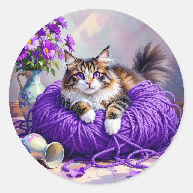 Sticker Rond Joli chaton dans une pelote de fil violet (Devant)