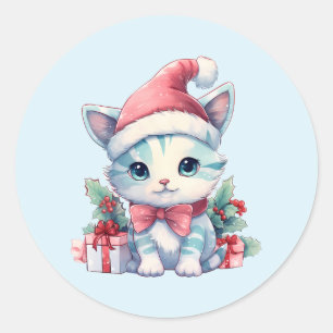 Sticker Rond Joli chaton en chapeau de Père Noël pour Noël