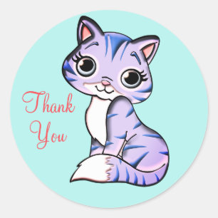 Sticker Rond Joli chaton Merci sur fond bleu clair