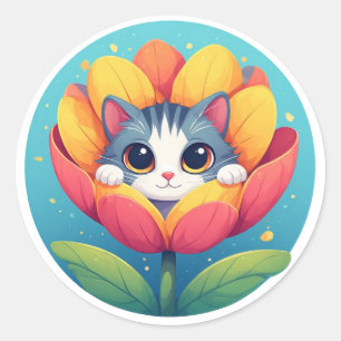 Sticker Rond Joli Chaton Niché dans une Fleur en Fleuraison